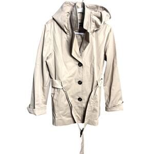 Ellen Tracy Hip Length Beige Belted Hooded Trench Coat Womens Sz L